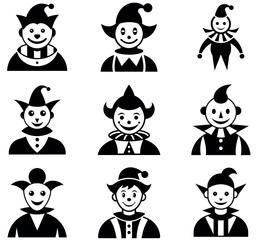 Black and White Jester and Clown Icon Set - Vector Silhouettes