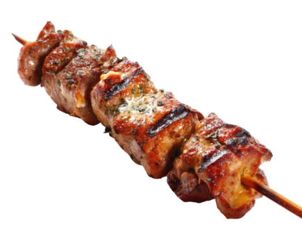 Spiced grilled meat kebabs on skewers for summer BBQs on a transparent background, cut out - Powered by Adobe