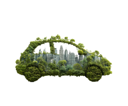 Eco-friendly transportation concept with city skyline and greenery on a transparent background, cut out - Powered by Adobe