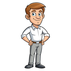 Smiling cartoon man with brown hair stands confidently with his hands on his hips