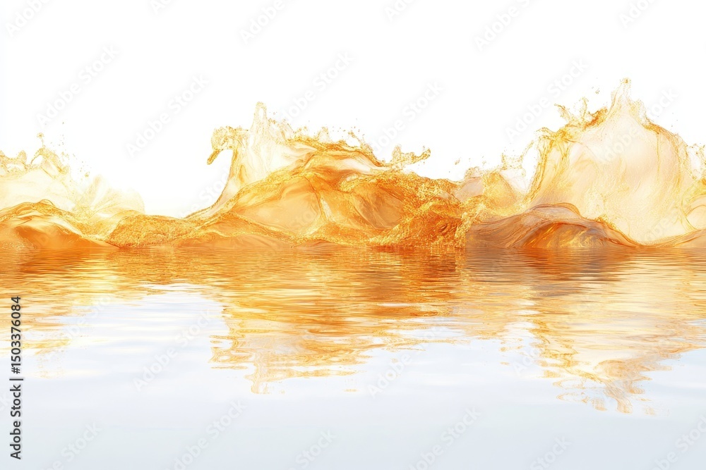 Poster vibrant orange liquid splashes creating dynamic waves against a reflective surface in a bright, mini