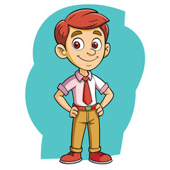 Fototapeta premium Smiling Caucasian boy with red hair confidently poses with hands on hips