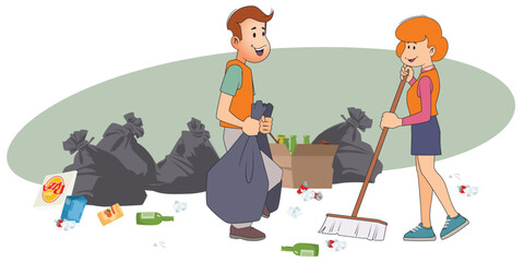 Girl with broom and guy cleaning.
