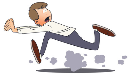 Frightened man running away looking back.