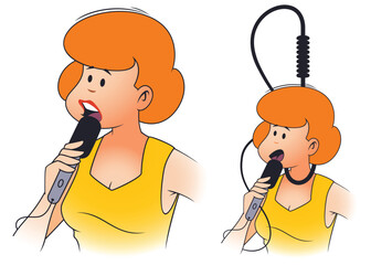 Cute girl with microphone. Microphone choke young singer. Funny people.