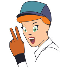 Girl gesture victory sign. Funny people.