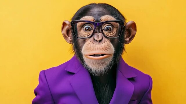 A monkey dressed in a purple suit and glasses poses against a bright yellow background, showcasing a funny surprised expression