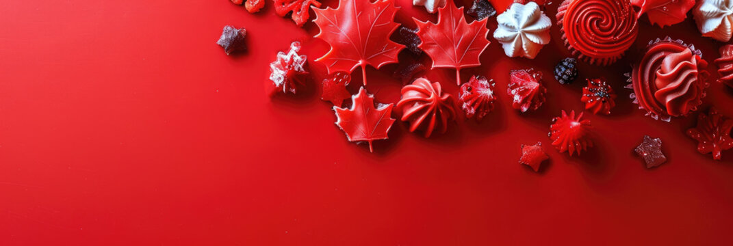 Victoria Day in Canada, marmalade candies, cupcakes decorated with a red maple leaf, red background, horizontal banner, copy space, free space for text