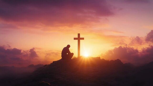 A person kneels in prayer by a cross as the sun sets over the mountains, illuminating the sky with warm colors