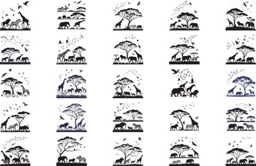 Silhouette of animals and birds in the savannah on white background