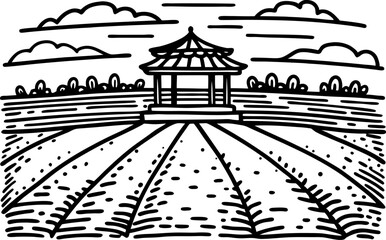 black and white illustration of a gazebo in a field with clouds and pathways