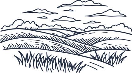Fototapeta premium Hand drawn rolling hills and clouds in a simple, elegant landscape illustration