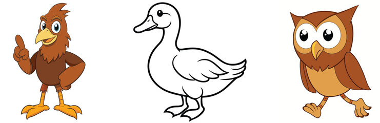 Naklejka premium Cartoon animals collection vector illustration bird with duck outline and an owl cartoon design