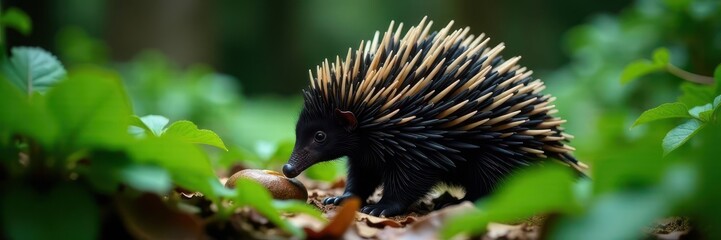 Obraz premium Nocturnal echidna foraging amongst Tasmanian rainforest ferns , rainforest, mammal, Tasmania