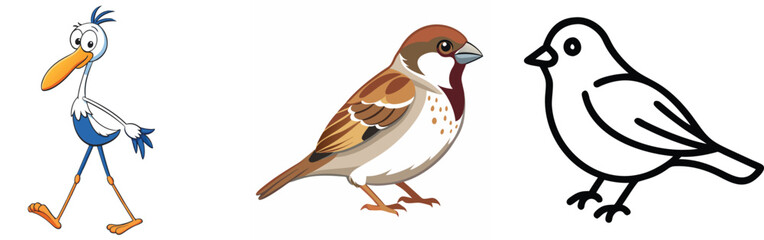 Cartoon bird collection with walking stork realistic sparrow and outline drawing on white background