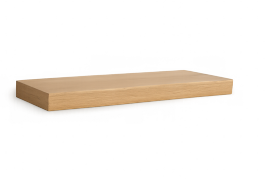 Minimalist light wood floating shelf, presenting clean design against transparent backdrop, highlighting product display potential