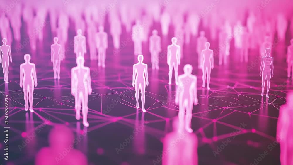 Poster digital figures walk in a networked environment reflecting human connections and technology within a