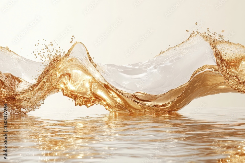 Poster vibrant orange liquid splashes creating dynamic waves against a reflective surface in a bright, mini