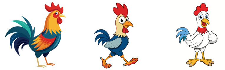 Collection of cartoon roosters poses standing walking and giving thumbs up on white background