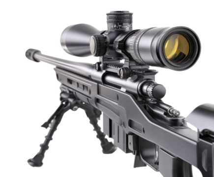 Precision rifle with advanced scope for target shooting on a transparent background, cut out