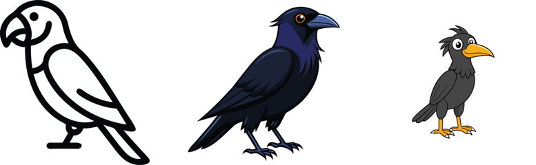 Obraz premium Three birds in different styles line art realistic and cartoon vector illustration