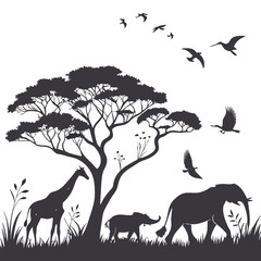 Silhouette of animals and birds in the savannah on white background