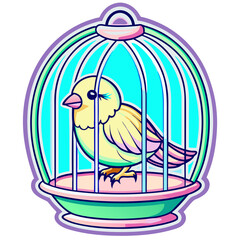 Charming birdcage illustration with a cute bird in pastel colors for stickers and prints