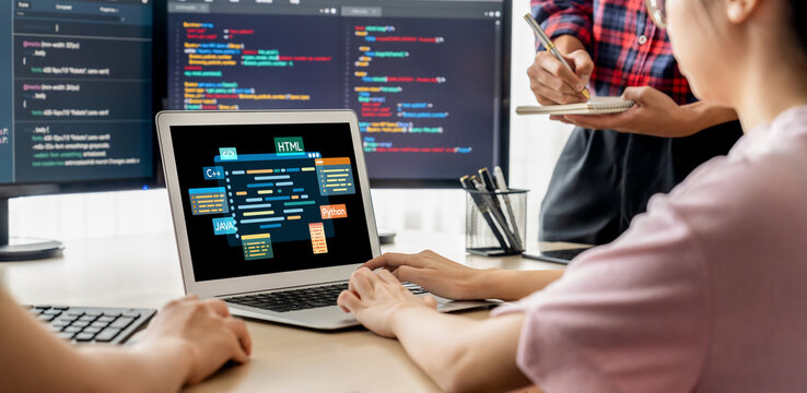 Software development or programming work with coding screen of various programming languages like HTML, , , and C brisk for new application development
