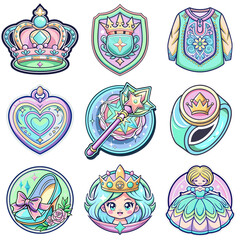 Fototapeta premium Collection of fantasy-themed stickers featuring crowns, shields, and princess elements