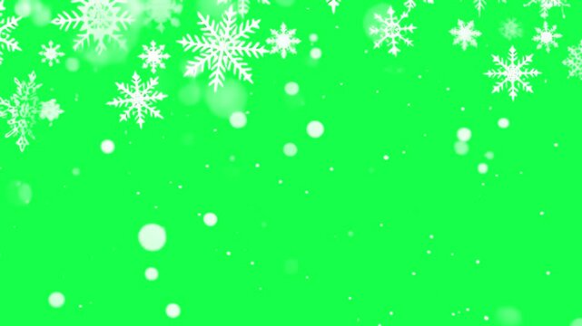 White snowflakes and glowing orbs animation, transparent 4K video, green screen