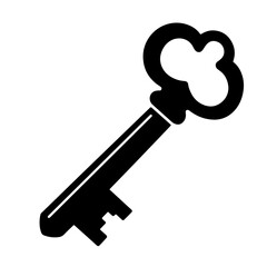 A black silhouette illustration of an antique key.