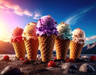 Colorful ice cream set. delicious summer dessert. ice cream scoop and waffle cone with diff
