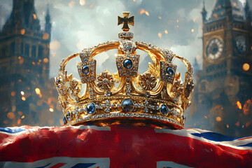 king charles, england king, British flag and crown, illustration of Crown Jewels of the United Kingdom. Ceremony of crowning the king Charles