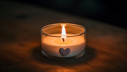 Burning candle with wooden table, and heart.