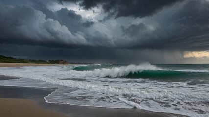Fototapeta premium Stormy beach with dark clouds and waves crashing on the shore.