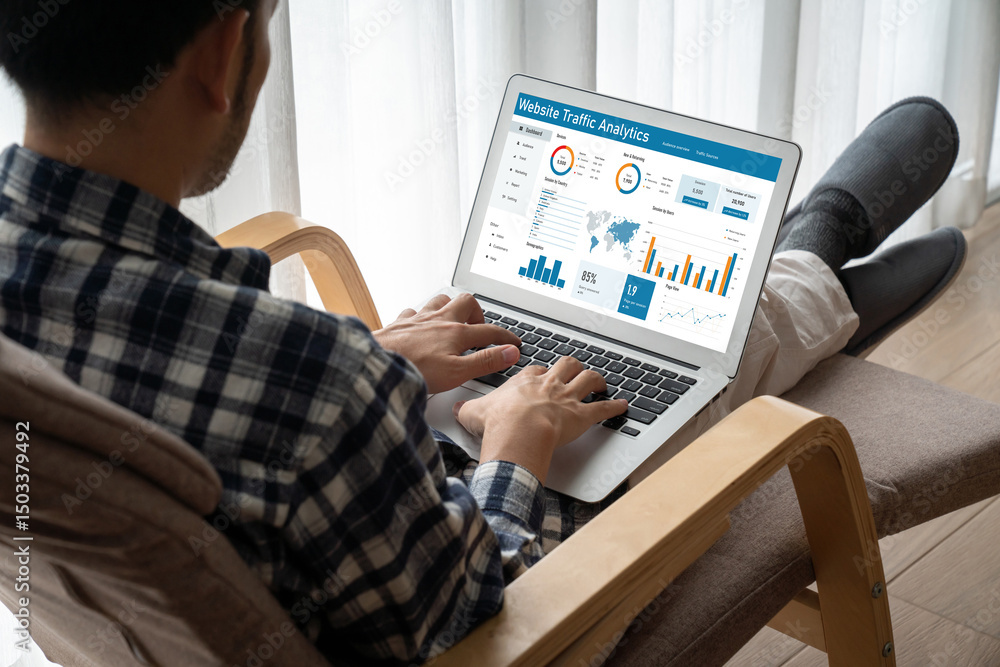 Poster computer software for website traffic analytics data on computer screen. concept of seo search engin