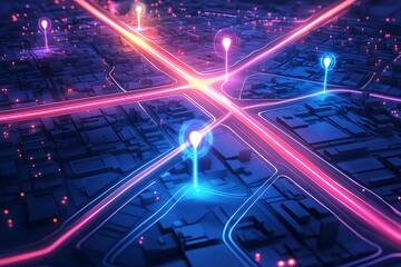 Futuristic Navigation System with Glowing Pinpoints on a City Map at Night