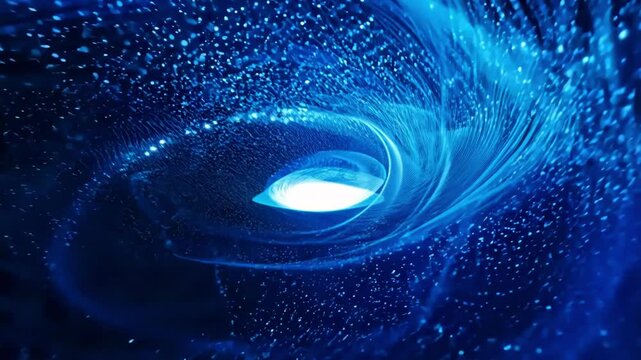 Spectacular blue cosmic vortex creates swirling tunnel effect with bright glowing center. Energy particles spiral dynamically through space-time continuum