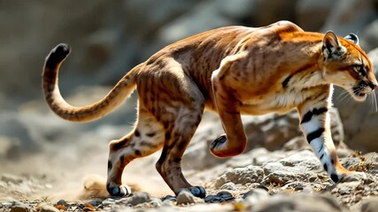A puma running across rocky terrain, muscles rippling with each powerful stride.