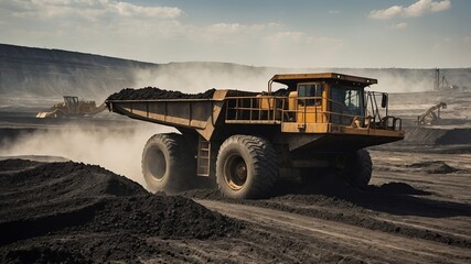 Obraz premium Massive Yellow Dump Truck Hauling Coal in Dusty Open-Pit Mining Operation