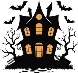 Creepy Haunted House with Crooked Windows and Bats Black Silhouette