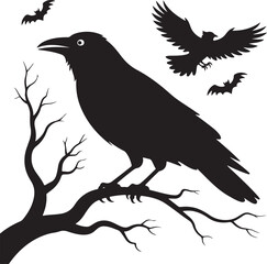 Crow or Raven Perched on Branch Halloween Bird Silhouette