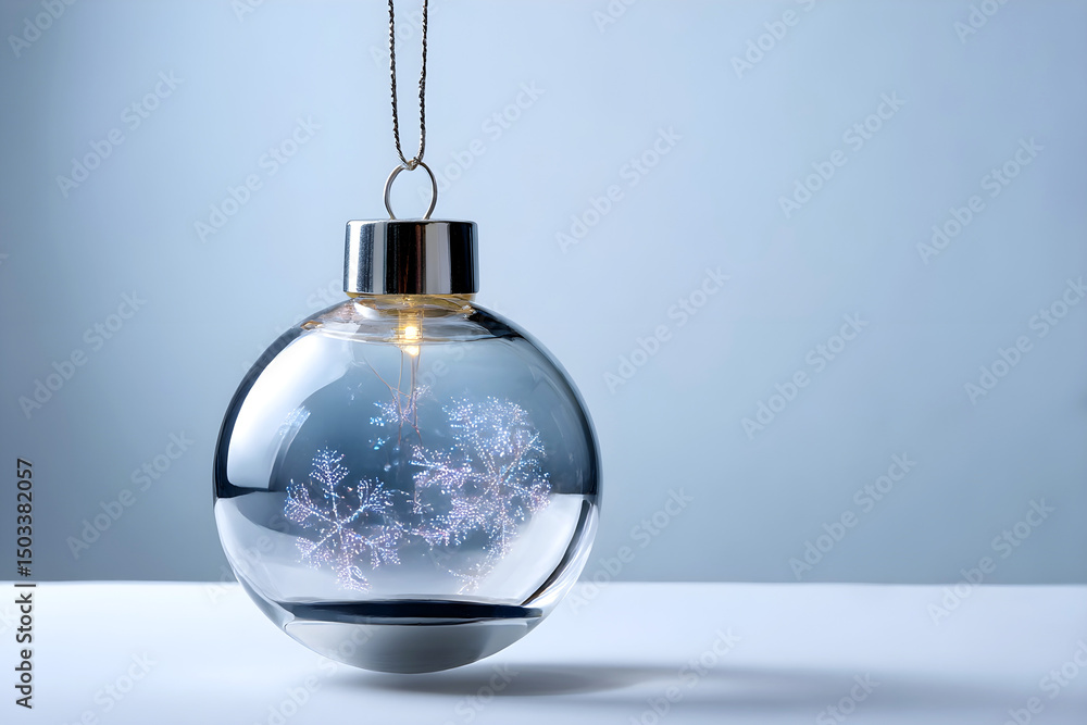 Poster transparent christmas ornament with glowing snowflake pattern inside hanging on a silver string. cop