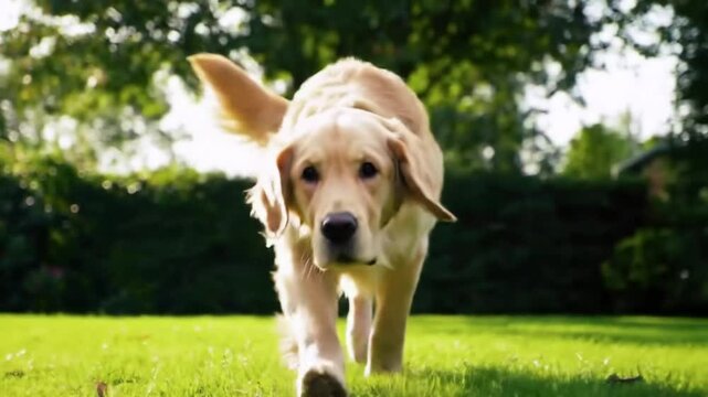 Golden retriever puppy running in grass adorable dog playing outside happy pet dog breed cute animal