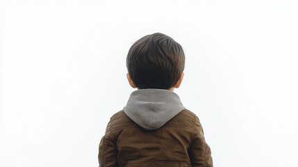 Photo of a 5-year-old boy with short black hair wearing a dark brown winter jacket, captured from a low back angle against a clean white background...