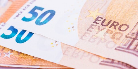 Close-up of a European Union banknote of 50 EUROS.