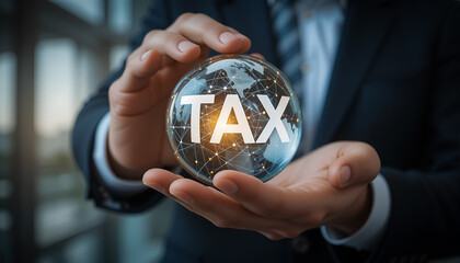 Businessman Holding Digital Globe with 'TAX' – Global Finance and Taxation Concept