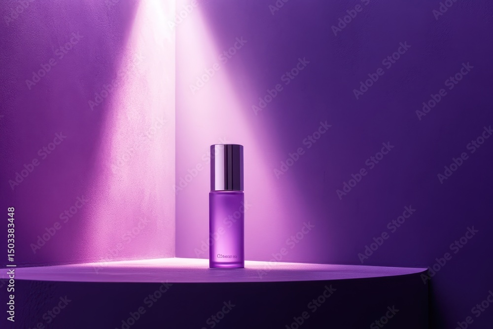 Poster elegant purple perfume bottle illuminated by soft light on a textured pedestal in a studio setting d