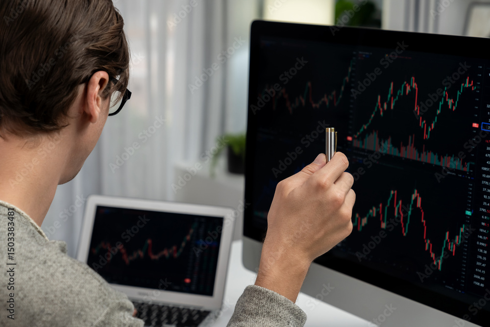Aufkleber stressful businessman casual day looking on dynamic stock exchange market graph on pc screen at mode