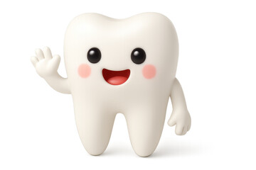Cheerful cartoon tooth character, cute animated tooth waving happily, dental health theme, ideal for children's education. Isolated on white background or PNG